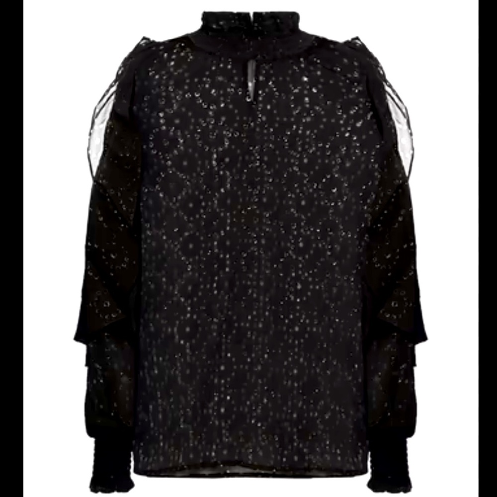 MAJE black laser cut ruffled metallic crepe blouse. Size 2 (equal to size 6) NWT